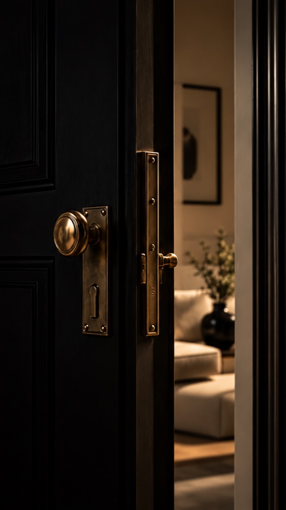 Porte noire entrouverte, poignée en laiton, laissant apercevoir un salon feutré aux tons crème et un vase noir